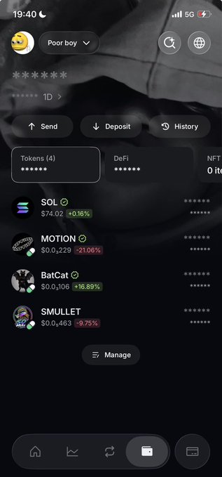 A mobile cryptocurrency wallet interface titled 'Poor boy' displays a portfolio showing tokens including SOL, MOTION, BatCat, and SMULLET with their respective prices and percentage changes.