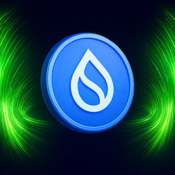 A blue circular icon featuring a white water droplet logo, representing the Sui blockchain, is displayed against a dark background with vibrant green light streaks. The image visually corresponds to the announcement of Tether's Hadron platform launching on the Sui network for tokenized real-world assets.