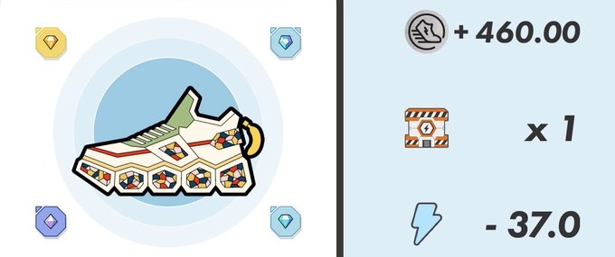 A sneaker icon is displayed in a circular frame surrounded by diamond icons, with associated values of +460.00, x1, and -37.0 on the right side.