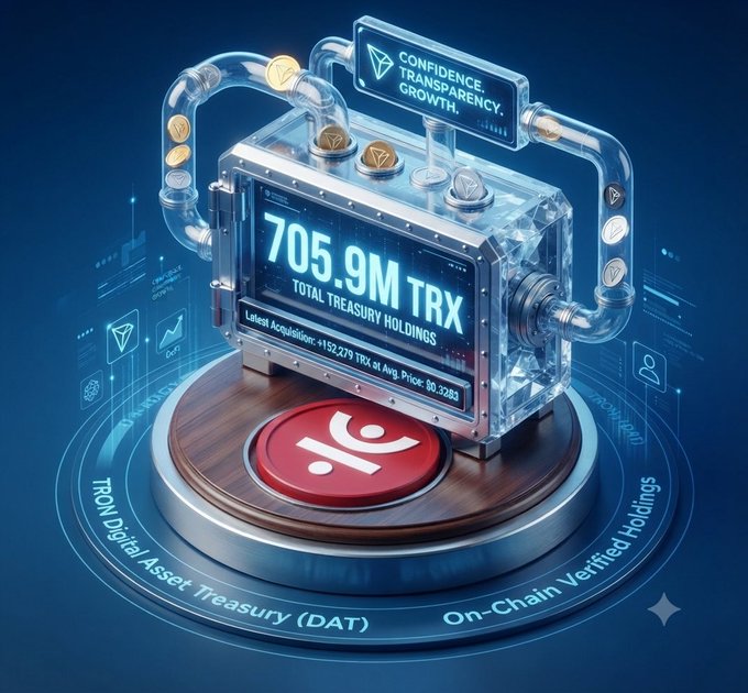 A digital graphic showing '705.9M TRX TOTAL TREASURY HOLDINGS' with 'CONFIDENCE. TRANSPARENCY. GROWTH.' and TRON Digital Asset Treasury branding.