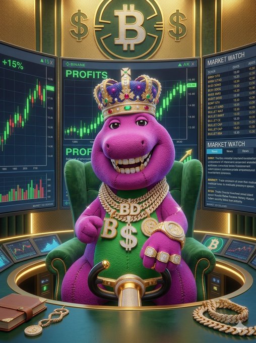 A vibrant illustration of a purple Barney-like dinosaur mascot wearing a jeweled crown and gold chains, sitting on a throne in front of screens showing 'PROFITS' and trading charts with a Bitcoin symbol overhead.