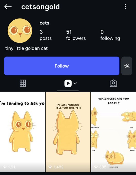 An Instagram profile page for 'cetsongold' showing 3 posts, 51 followers, and 0 following with cartoon illustrations of golden cats.
