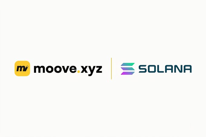 The image features a logo for Moove XyZ and Solana, with both companies' names displayed side by side against a white background. The text "Moove XyZ" is written above the Moove XyZ logo, while "Solana" is below it. The image also includes a caption that reads: "A recent post from the official Moove X account mentioned the $MOOVE token".