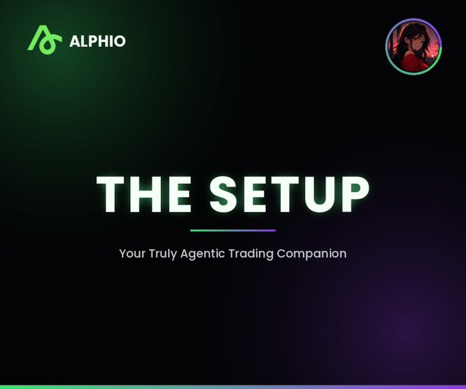 Title slide for ALPHIO reading 'THE SETUP - Your Truly Agentic Trading Companion' with a green and purple gradient background and an illustrated avatar in the top right.