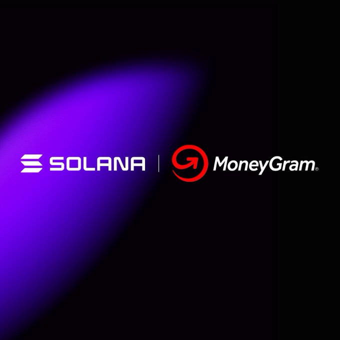 The image features a purple background with white text that reads "Solana & MoneyGram". The text is positioned above an arrow pointing towards the right side of the image, creating a sense of movement or direction. This design choice suggests that the image might be related to a social media post promoting a partnership between Solana and MoneyGram.