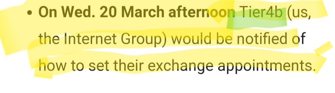 A handwritten or highlighted note reads: "On Wed. 20 March afternoon Tier4b (us, the Internet Group) would be notified of how to set their exchange appointments." The text relates to the post's date reference "3/20" (Wednesday, March 20), indicating the note specifies that the Tier 4b Internet Group will receive instructions for setting exchange appointments on that date.