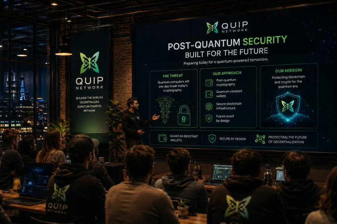 The image shows a group of people gathered around a presentation screen at an event. The screen displays information about Quip Network's focus on security risks posed by quantum computers. A man stands behind the screen, giving a presentation or speech related to this topic. The audience appears engaged and interested in what he has to say.