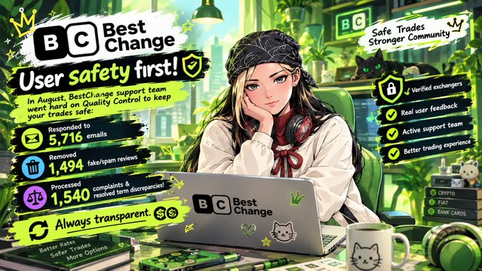 A promotional graphic for 'BestChange' featuring an anime-style girl at a laptop, highlighting 'User safety first!' and listing statistics like 5,716 emails responded to and 1,494 fake/spam reviews removed.