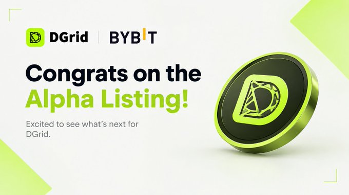 A promotional graphic celebrating DGrid's Alpha Listing on Bybit, featuring the DGrid and Bybit logos alongside a stylized 3D green and black DGrid token, with the message "Congrats on the Alpha Listing!" and "Excited to see what's next for DGrid." The image visually reinforces the post's sentiment about DGrid (ticker: DGRID) reaching an important milestone in decentralized AI infrastructure by marking its listing progress on the Bybit exchange.
