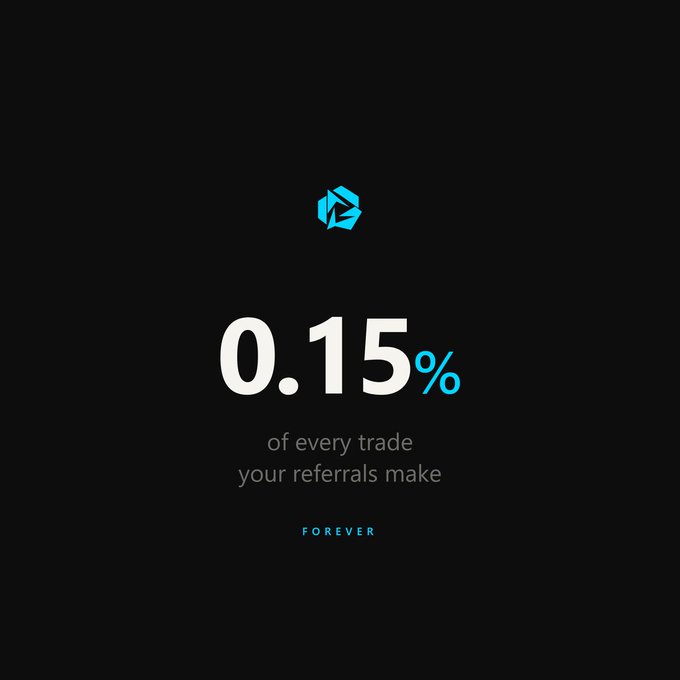 A teal geometric logo sits above bold white text reading "0.15%" with a teal percent sign, followed by "of every trade your referrals make" and "FOREVER" in teal—highlighting the permanent referral reward rate for the Injective-based platform launching in 90 minutes.