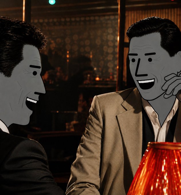 Two men in suits sitting at a table in a dimly lit bar, their faces edited with a minimalist gray cartoon-style mask overlay showing simple facial features.