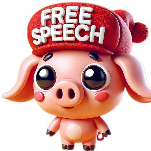 A cute 3D-rendered pig wearing a red hat that reads "FREE SPEECH," symbolizing the preservation of open dialogue and expression in a decentralized digital landscape. The whimsical mascot reinforces the post's message that decentralized architecture is essential to prevent centralized control from silencing free speech.