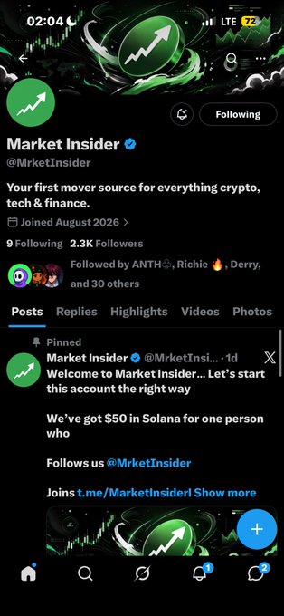 Twitter/X profile for verified account 'Market Insider' (@MrketInsider) with 2.3K followers, offering a giveaway for $50 in Solana.