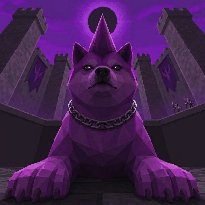 A 3D-rendered purple dog-like creature with a horn on its head and a chain collar sits in front of a castle under a dark purple sky with an eclipse.