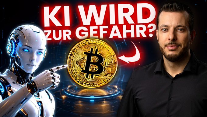 A bearded man in a black shirt stands beside a futuristic AI robot pointing toward a large gold Bitcoin, under the German headline "KI WIRD ZUR GEFAHR?" (Will AI become a danger?), illustrating a video discussing whether artificial intelligence poses a serious threat to Bitcoin.