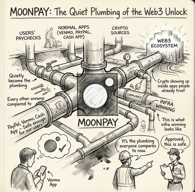 A hand-drawn infographic titled 'MOONPAY: The Quiet Plumbing of the Web3 Unlock' depicting cryptocurrency infrastructure as plumbing connecting normal apps (Venmo, PayPal, Cash App) to the Web3 ecosystem through MoonPay's compliance and infrastructure services.