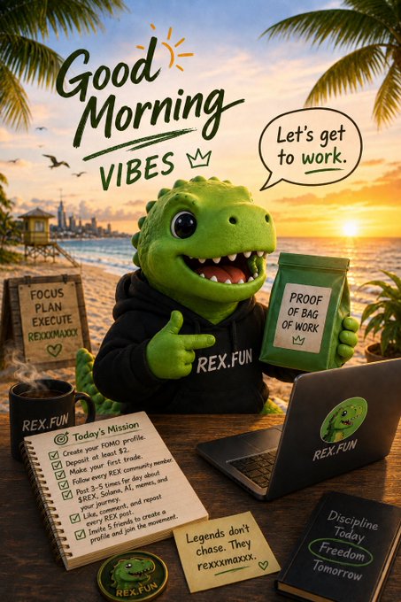 A motivational 'Good Morning Vibes' graphic featuring an anthropomorphic green dinosaur (REX.FUN) giving a thumbs up while holding a 'PROOF OF BAG OF WORK' sign, set on a beach at sunrise with a laptop and to-do list.