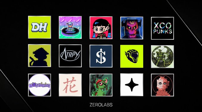 A grid of 15 NFT or crypto-related logo tiles with text "ZEROLABS" at the bottom, including notable entries like "DH", "XCO PUNKS", "NRPY", "陰陽魚", and "花".