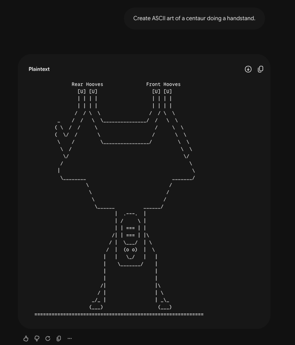 A dark-themed AI chat interface (Plaintext) responds to the prompt 'Create ASCII art of a centaur doing a handstand' with a large ASCII figure showing labeled 'Rear Hooves [U] [U]' and 'Front Hooves [U] [U]' with the centaur's body inverted upside-down.