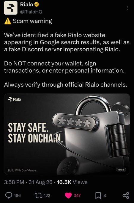 A X post by Rialo (@RialoHQ) warning users about a scam, stating a fake Rialo website appeared in Google search results along with a fake Discord server, advising not to connect wallets or sign transactions, with an attached image reading 'STAY SAFE. STAY ONCHAIN.'