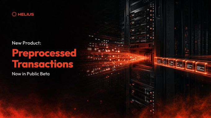 A promotional banner for 'HELIUS' announcing 'New Product: Preprocessed Transactions - Now in Public Beta' with a dark server room background illuminated in red.