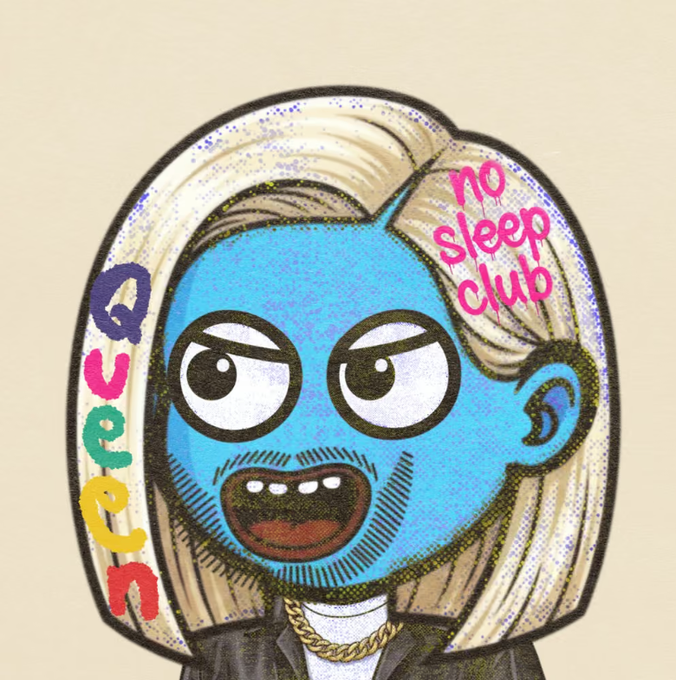 An illustration of a blue-skinned character with long blonde hair, a gold chain, and an angry expression, featuring the text 'no sleep club' and 'Queen'.