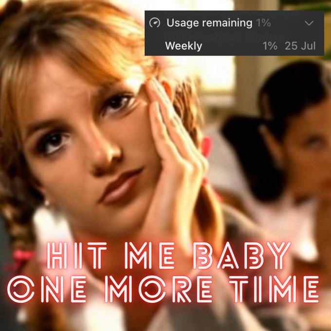 A stylized image of a blonde woman with text 'HIT ME BABY ONE MORE TIME' overlaid, with a status bar showing 'Usage remaining 1%' for a Weekly data plan expiring 25 Jul.