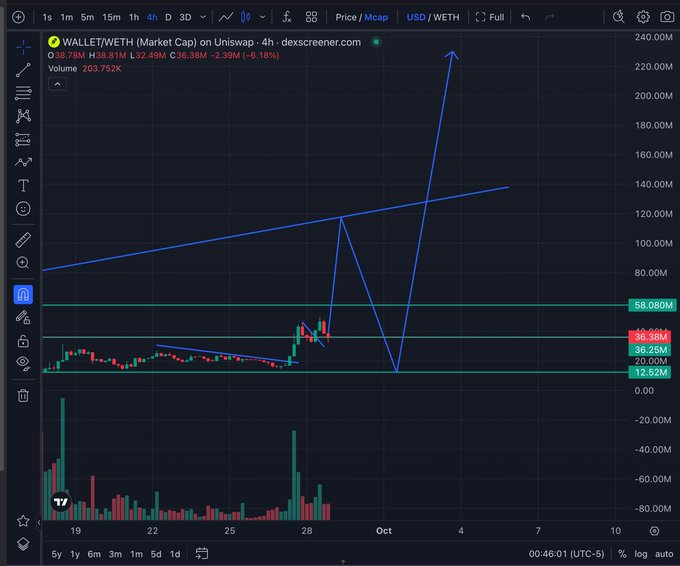 A TradingView chart shows $WALLET/WETH on Uniswap with a market cap currently at 36.38M USD (down 2.38%), having spiked to 56.68M before retracing after hitting the 12.52M support level, illustrating the speculative "moon or ruin" trade referenced in the caption. The overlaid blue arrows depict both the parabolic pump potential and subsequent crash back down, visually reinforcing the 20/80 odds of a breakout versus becoming a "bridge dweller."
