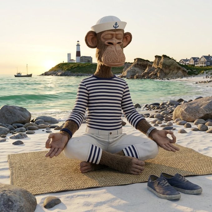 A 3D-rendered monkey wearing a sailor's hat and striped shirt meditating cross-legged on a beach mat, with a coastal village, lighthouse, and a pair of blue shoes nearby.