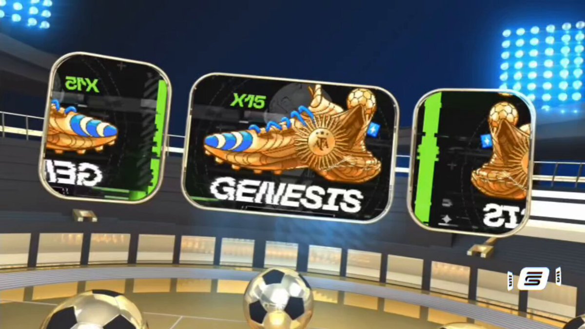 The image features three soccer-themed video game displays, each with a different background color and design. The first display has a black background with white text that reads " Genesis", while the second display has a blue background with green text that says " X15". The third display is in shades of gold and black with white text that says " Genesis". These three displays are arranged side by side, creating an interesting visual effect.

The image also includes a soccer ball placed on the bottom right corner, adding to the overall sports theme. The background of the image features a stadium filled with lights, suggesting that this is likely taking place during a nighttime soccer game or event.