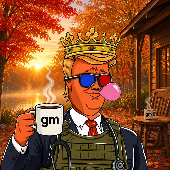 A digital illustration of a cartoon character with orange skin, a golden crown, 3D glasses, and a tactical vest, blowing a pink bubblegum bubble while holding a coffee mug labeled "gm" in an autumn setting.