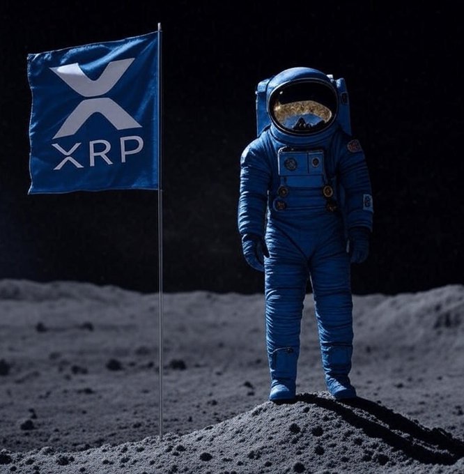 An illustration of an astronaut in a blue spacesuit standing on the moon next to a blue flag bearing the 'XRP' logo.