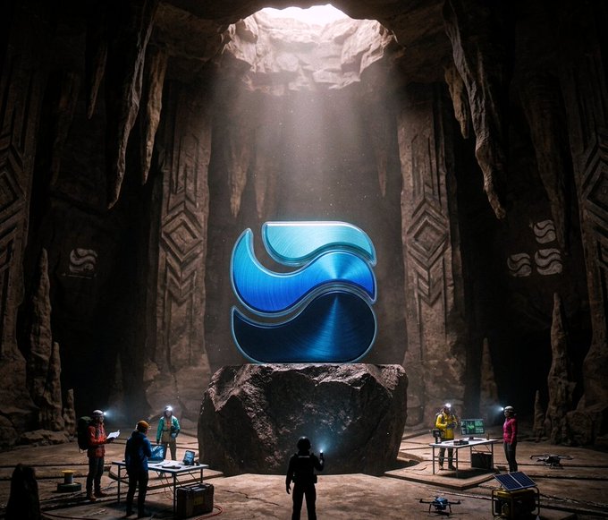 A dramatic scene inside a large cave featuring a glowing blue Zebec Network logo on a central rock formation, with researchers wearing headlamps working at laptops around it.