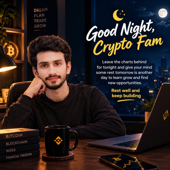 A promotional graphic reads 'Good Night, Crypto Fam' with a young man at a desk featuring Bitcoin-related items including books labeled 'BITCOIN', 'BLOCKCHAIN', 'WEB3', and 'FINANCIAL FREEDOM', along with a Binance mug.