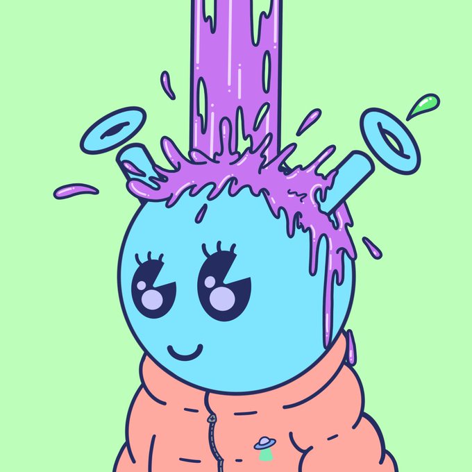 A digital illustration of a cute blue round character with large anime-style eyes wearing a pink jacket, with purple liquid splashing on its head against a green background.