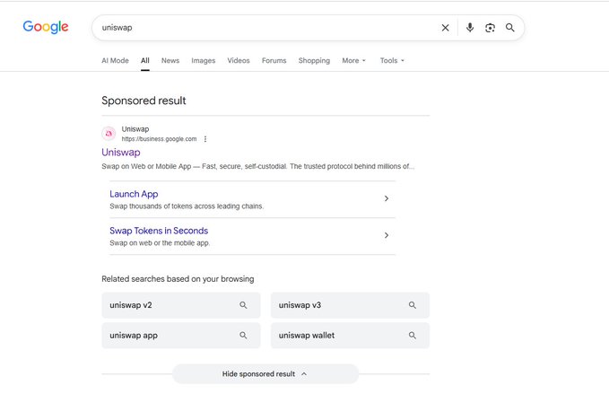 A Google search for "uniswap" displays a sponsored ad at the top labeled "Uniswap" with the URL "https://business.google.com," which the poster warns is a scam site that stole their funds, urging users to verify links via Uniswap's official Twitter account.

**Note on the suspicious text in the post:** The string "55555555555555555555" and the demand to "search for the link on the official Twitter" are common hallmarks of cryptocurrency phishing scams. This type of post often uses a genuine cautionary tone to lure victims to a fake "official" link controlled by the scammer. Do not click any links in or responding to that post.