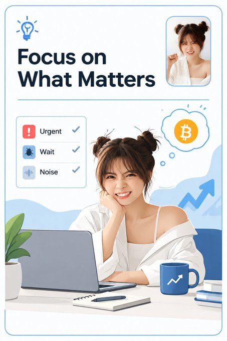 An illustrated motivational poster titled 'Focus on What Matters' featuring a young woman at a laptop with a checklist (Urgent, Wait, Noise all checked) and a Bitcoin symbol in a thought bubble.