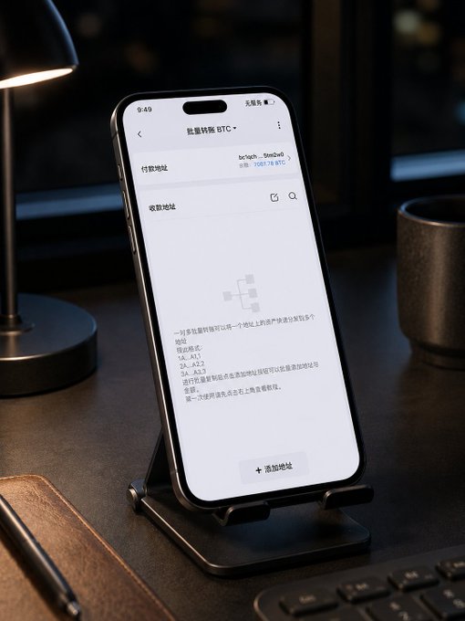 A smartphone displays a mobile crypto wallet interface for batch transferring Bitcoin (BTC), showing a transaction amount of 7,081.78 BTC and a "+添加地址" (Add Address) button for collecting multiple recipient addresses. The image illustrates the wallet's bulk address management feature referenced in the post, where up to 200 BTC addresses can be added at once for convenient batch transfers.