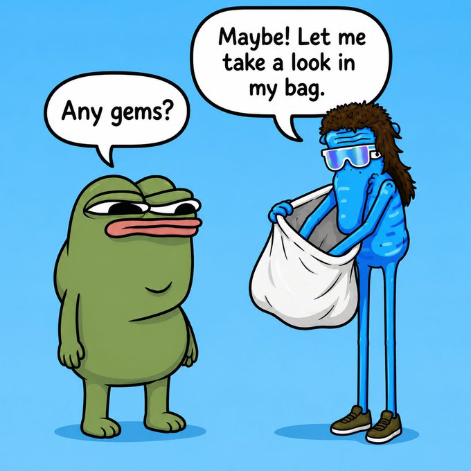 A cartoon meme featuring Pepe the Frog asking "Any gems?" while a blue alien-like character with sunglasses and dreadlocks holds a white bag, responding "Maybe! Let me take a look in my bag."