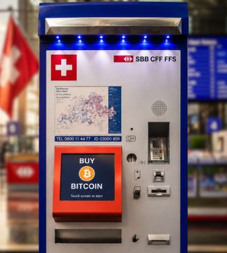 A Swiss Federal Railways (SBB CFF FFS) machine at a train station features a bright orange "BUY BITCOIN" kiosk with instructions to "touch screen to start," along with a map of Switzerland and contact info for Bitcoin Suisse AG. The image visually supports the post's claim that Bitcoin can be purchased with cash at Swiss train stations, illustrating the cryptocurrency's growing accessibility in everyday public spaces.