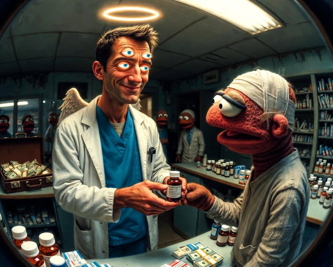 A surreal 3D-rendered scene depicts a multi-eyed doctor in a lab coat handing a medicine bottle to Elmo, who is wrapped in bandages, in a cluttered pharmacy.