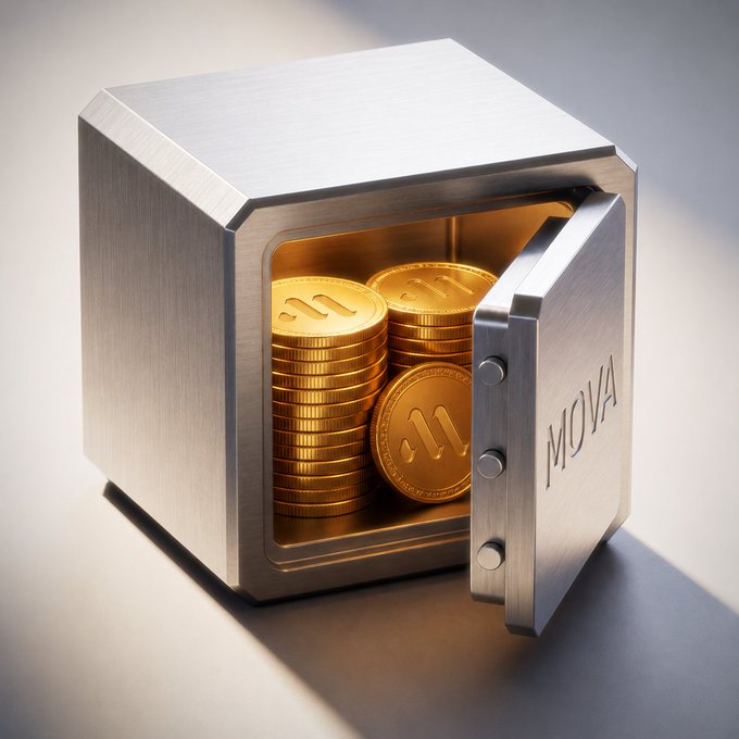 A sturdy metal vault labeled "MOVA" swings open, revealing stacks of golden coins embossed with the MOVA logo inside—visually echoing the post's tease that something valuable is being unlocked and built at #MOVA.
