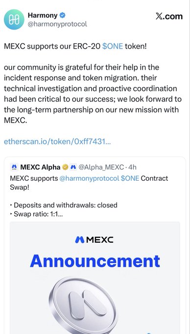 A screenshot of an X.com post from Harmony (@harmonyprotocol) announcing that MEXC supports their ERC-20 $ONE token, alongside a quoted MEXC Alpha announcement.