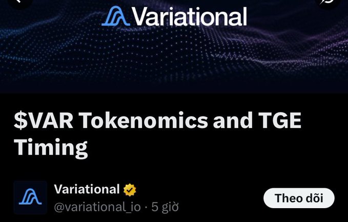 A screenshot from X (formerly Twitter) shows a post by Variational (@variational_io) titled '$VAR Tokenomics and TGE Timing' with the company's logo.