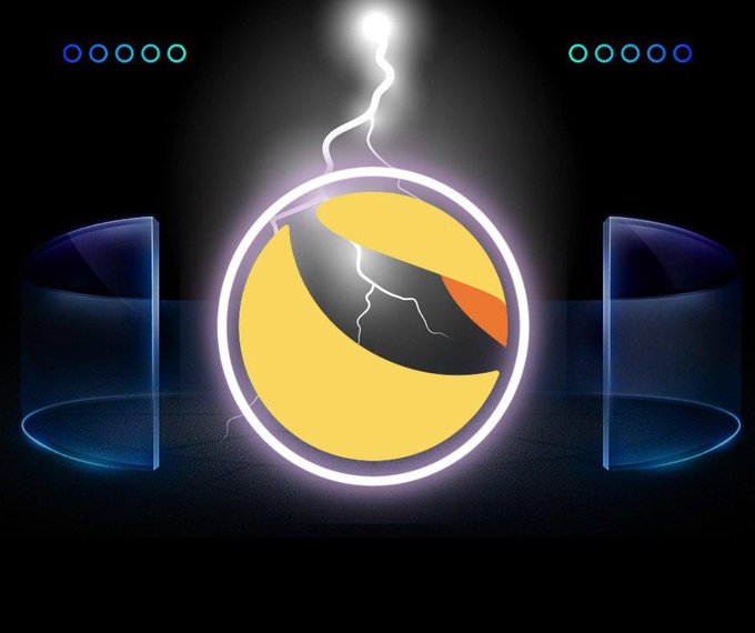 A neon-style digital illustration featuring a yellow Bitcoin-like symbol inside a glowing white circle, flanked by two blue crescent shapes and topped with a lightning bolt, against a black background.