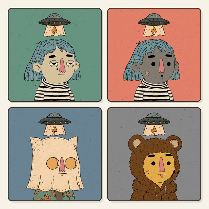 A four-panel illustration showing a UFO beaming up characters including a blue-haired person, a ghost, and a bear-costume wearer, each with an abductee on their head.
