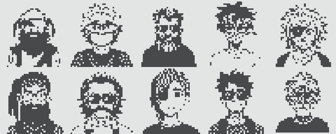 A grid of ten black-and-white pixel-art character portraits, similar in style to Image 4.
