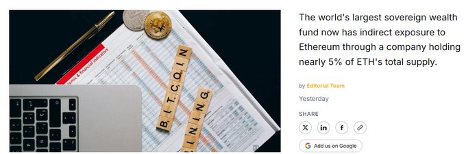 The image shows a headline stating "The world's largest sovereign wealth fund now has indirect exposure to Ethereum through a company holding nearly 5% of ETH's total supply," accompanied by a photo featuring wooden letter tiles spelling "BITCOIN" and "INL" arranged on financial spreadsheets alongside a Bitcoin coin and laptop. The headline directly supports the post's claim about Norway's Government Pension Fund gaining Ethereum exposure through BitMine, which holds a significant portion of ETH's supply.