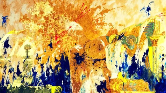 An abstract artwork featuring bold blue, yellow, and orange brushstrokes with ghostly religious or angelic figures faintly visible in the composition.