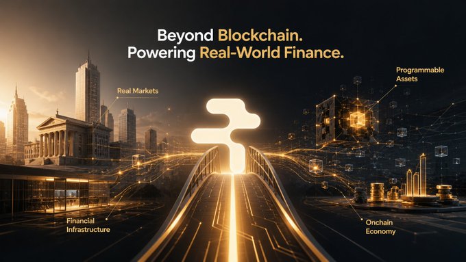 Marketing banner reading 'Beyond Blockchain. Powering Real-World Finance.' depicting a glowing cryptocurrency symbol over a bridge connecting traditional financial infrastructure with programmable assets and onchain economy.